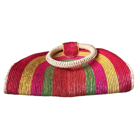 Rainbow Shaped Pink Yellow Green Straw Rattan Scalloped Handbag Clutch Tote Bag - Picture 9 of 11